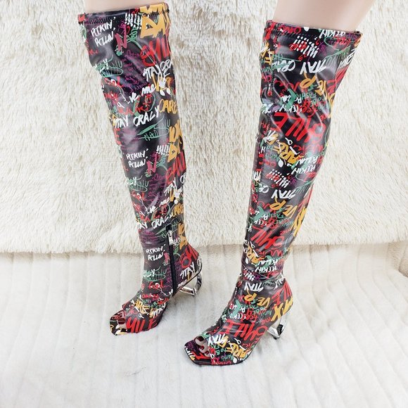 Zen Love Colorful Graffiti Print Over The Knee Boots With Wedge Heart heels - Picture 2 of 16